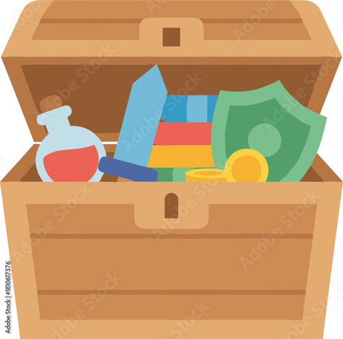Flat Style Wooden Treasure Chest Filled with Gold and Adventure Icon