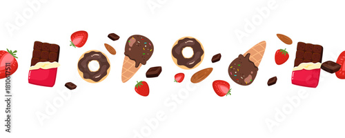 Chocolate, donut and ice cream seamless border with strawberry and almond. Cute and delicious snack