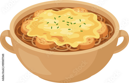 Flat Illustration of French Onion Soup with melted Cheese and Bread