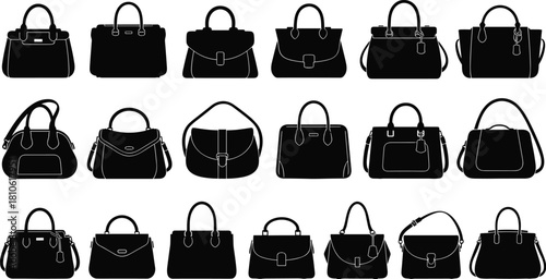Collection of black handbag silhouettes, blue outline icons, isolated vector fashion accessories, various women's purses, stylish bag set, design elements.