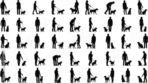 Dog, silhouette, interaction, human, pet, walking, training, companionship, animal, bond, leash, pose, black, white, design, vector, icon, activity, lifestyle, emotion