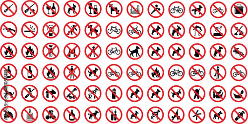 Collection of universal prohibition signs, safety warning icons, no entry symbols, restricted activity pictograms, caution signage set for public spaces
