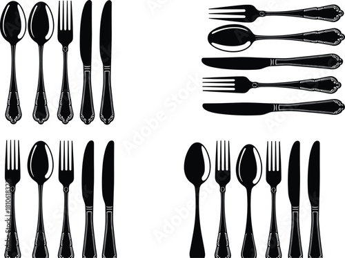 Elegant antique silverware vector icons, set of stylized black and blue kitchen utensil silhouettes including spoons, forks, and knives, detailed border isolated on white