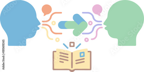 Flat Design Knowledge Sharing Between People with Open Book Icon Illustration