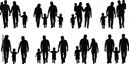 Family silhouettes, parents with children, diverse family groups, bonding moments, black figures, white background, emotional connection, parenting, unity, lifestyle concept