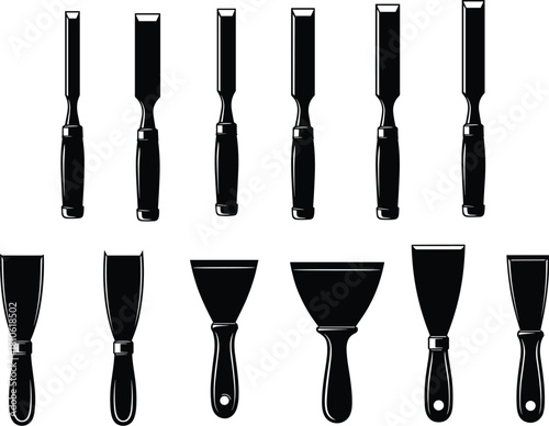Woodworking Chisels and Putty Scrapers Vector Illustration Tool Set: Black Silhouette Icons for Construction, Renovation, and DIY Projects on White Background