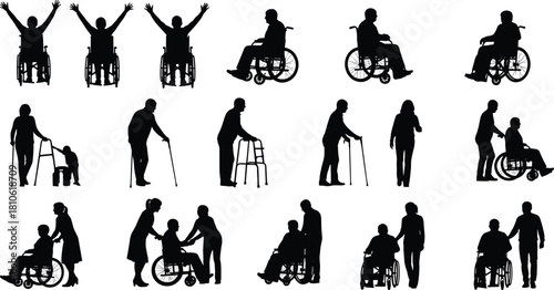 Mobility aid, caregiver support, wheelchair assistance, elderly care, disability help, walking aid, inclusive healthcare, rehabilitation, compassion, silhouette illustration