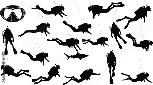 Scuba diving silhouettes, underwater exploration, marine life, shark encounter, diving gear, ocean adventure, flippers, bubbles, deep sea, aquatic activity