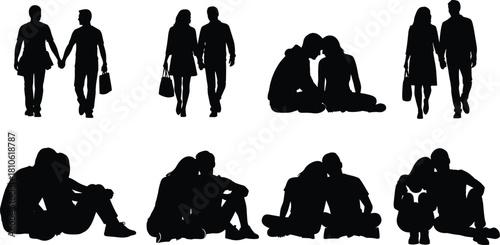 Romantic couple silhouettes showing love and affection, walking together and sitting embracing, perfect for themes of relationship, dating, and togetherness.