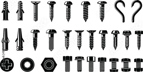 Construction and Repair Hardware Collection: Screws, Bolts, Nuts, Anchors, and Hooks for DIY, Industrial Fastening, and Home Improvement Projects, Vector Icons