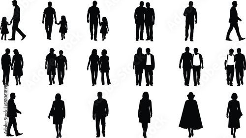 Silhouettes, walking people, diverse poses, family, urban lifestyle, motion, crowd, human interaction, pedestrian, children, adults, street, casual, togetherness, relationships