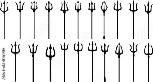 Trident silhouette collection, black weapon icons, mythology symbols, fantasy spears, graphic design elements, vector illustration, branding assets