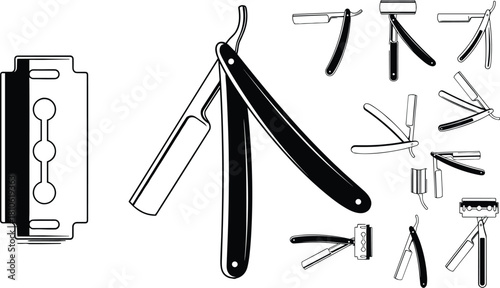Vintage straight razor, safety razor, cartridge razor, shaving tools, grooming equipment, barber gear, traditional shave, modern razors, stylized illustration, comparison