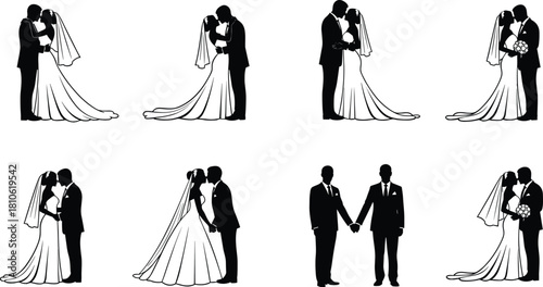 Wedding, Marriage, Love, and Romance Silhouettes: Bride and Groom Kissing, Embracing, and Same-Sex Couple Holding Hands Vector Illustration