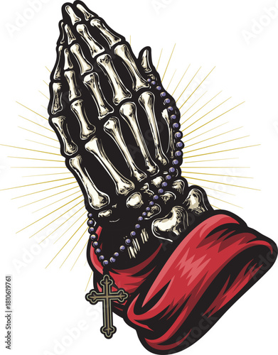 A bold and striking illustration of skeletal praying hands wrapped in a red cloth, holding a detailed rosary with a cross pendant. Radiant golden lines create a dramatic halo effect.