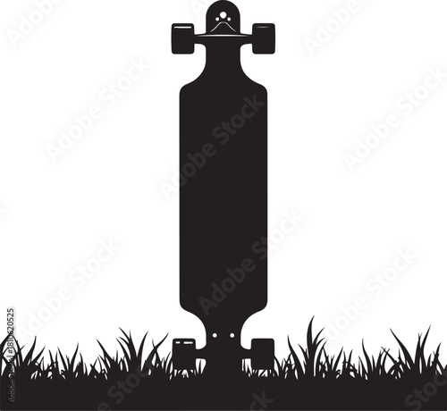 Black silhouette of a longboard skateboard on grass