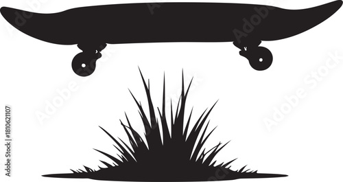 Black silhouette of a skateboard above grass black and white