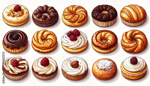 Thin Ink Doodles of Café Pastries for Bakery Packaging