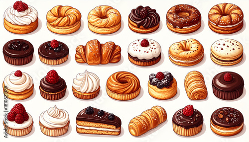 Thin Ink Doodles of Café Pastries for Bakery Packaging