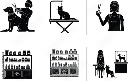 Pet grooming service vector illustration set, dog and cat care salon, groomer equipment, animal haircut icons, pet shop interior, veterinary concept