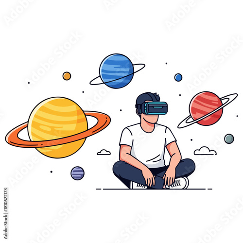 Man Wearing Vr Headset Exploring Planets and Space in Virtual Reality