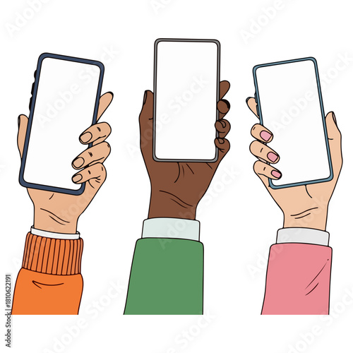 Diverse Hands Holding Smartphones with Blank Screens for Mockups and Design