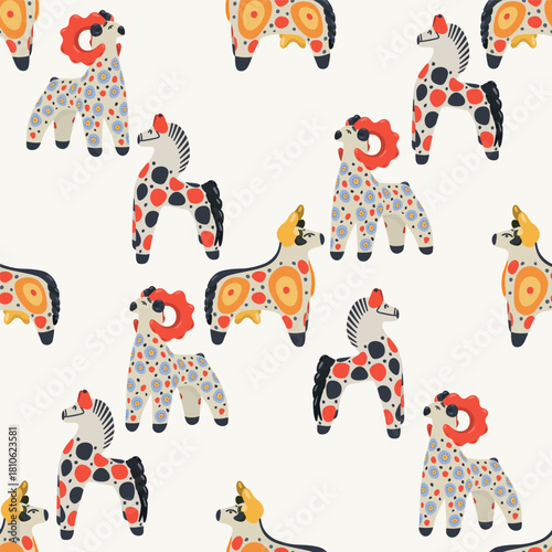 Seamless pattern with Dymkovo clay toy Goat