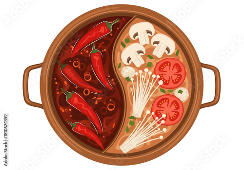 This vibrant top-down illustration depicts a traditional divided hot pot, featuring a fiery red broth teeming with chilies alongside a mild soup filled with fresh mushrooms, tomatoes, and scallions