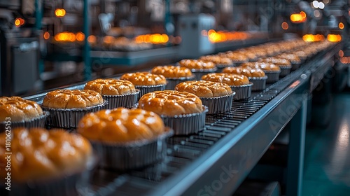 Freshly baked bread rolls on a conveyor belt in a bakery factory.