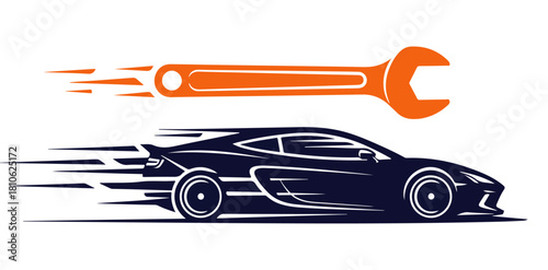 Orange wrench and a dark blue car with motion lines on a white background in a graphic design image