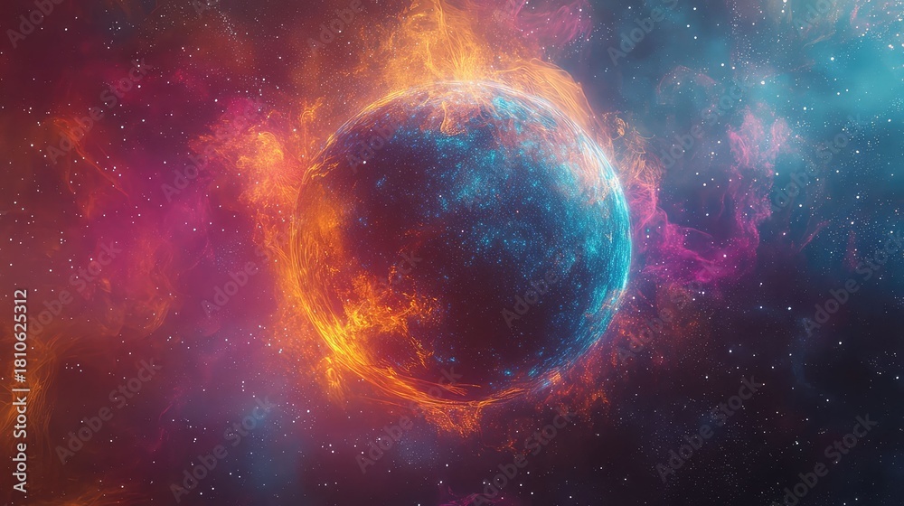 Obraz premium The background radiation of the cosmos (CMB) rendered as a tangible, shimmering, speckled sphere, containing the faint echo of the Big Bang, beautiful, abstract astrophotography.