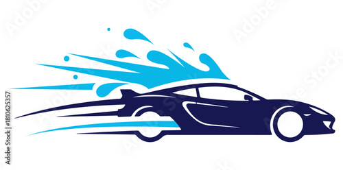 A stylized illustration of a dark blue car with blue water splashes and speed lines on a white background