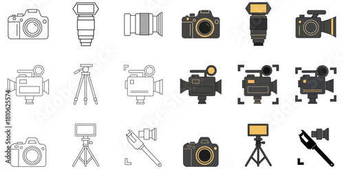 Illustration of various photography and videography equipment in different styles and colors