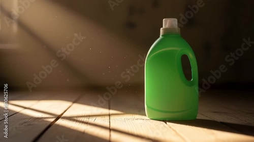 Green Laundry Detergent Bottle: Sunlight, Cleanliness, and Home Care Product Display