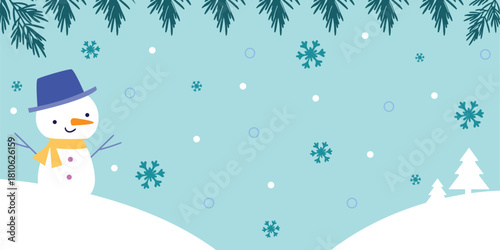 A cartoon snowman with a blue hat and scarf in a winter scene with snowflakes and trees falling