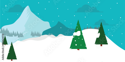 A cartoon winter landscape with mountains snow trees and a blue sky with falling snowflakes around the scene