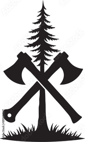Black silhouette of crossed axes and pine tree hatchet