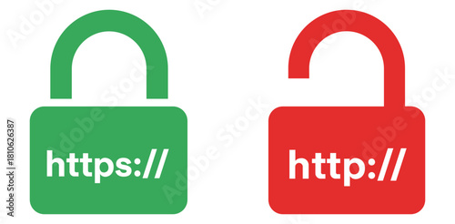 A green padlock with https and a red open padlock with http on a white background showing security