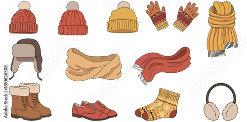 A collection of winter clothing items including hats scarves gloves boots and earmuffs displayed