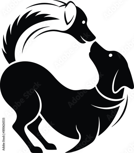 Yin and Yang Symbol Depicting Dog and Skunk in Artistic Black and White Illustration