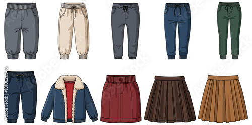 A collection of various clothing items including pants skirts and a jacket on a white background
