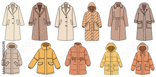 Illustration of various coats and jackets in different styles and colors on a white background