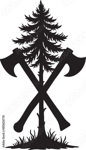 Black silhouette of pine tree crossed axes and grass