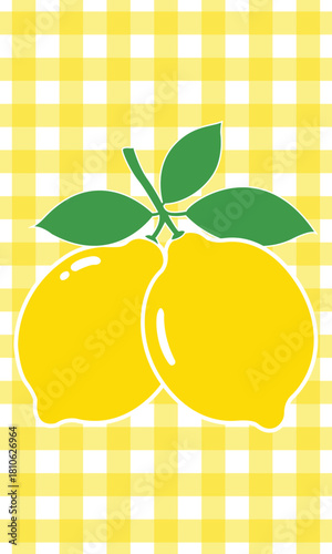 Two lemons with leaves on a yellow and white checkered background in a flat design style image