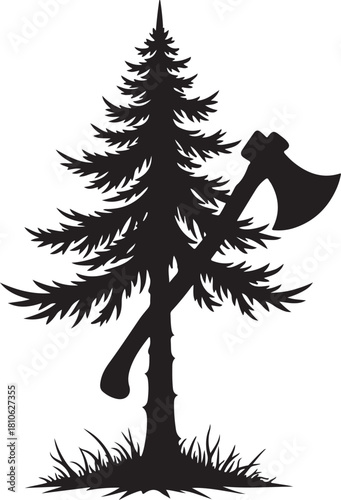 Black silhouette of pine tree with axe vector