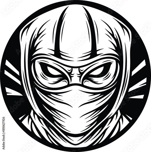 Intense Ninja Face Black and White Graphic with Mask in Circular Frame Illustration