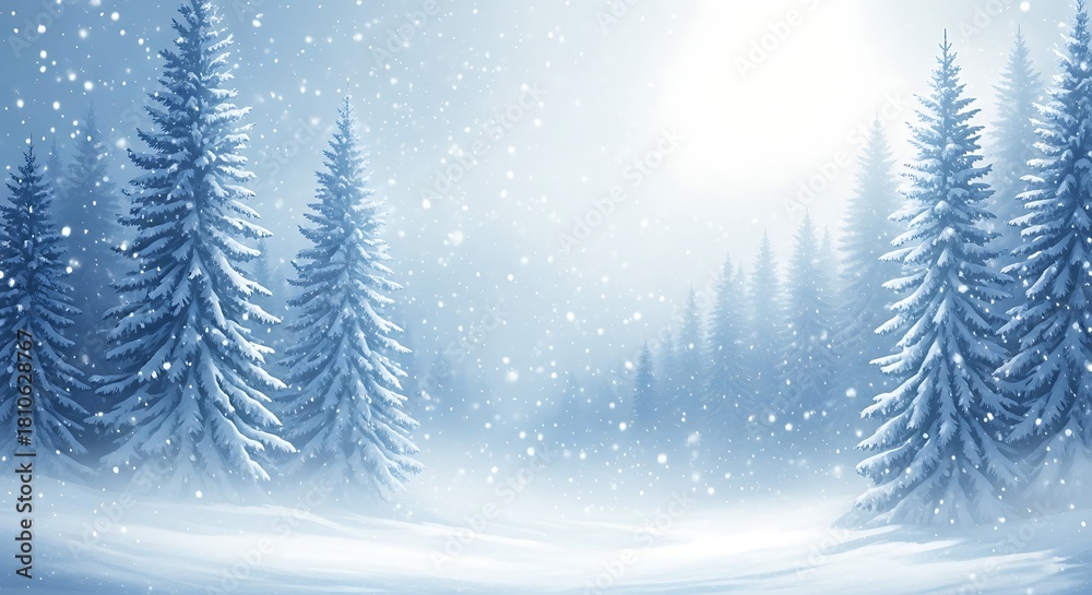 Obraz premium Winter forest scene with snowcovered pine trees and falling snowflakes