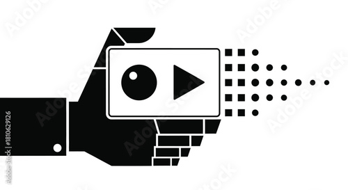 Hand holding a digital camera with a play button and sound waves emanating from it