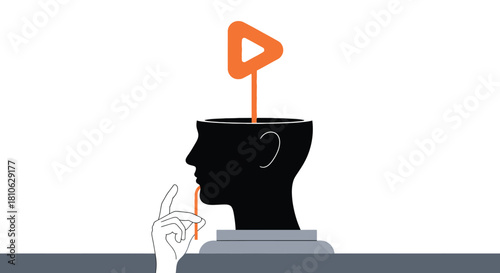 Silhouette of a head with an open top, a hand touching chin, and an orange play button icon emerging, representing contemplation and new ideas