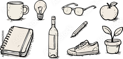 Essentials of life: A captivating assortment of everyday items, each meticulously drawn, inviting reflection on daily routines.